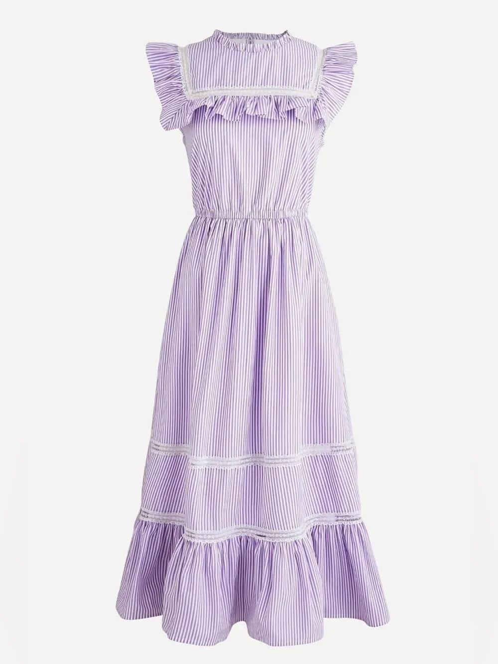 J.Crew Lavender Stripe Tiered Ruffle Midi Dress Lace Trim Cottagecore L￼